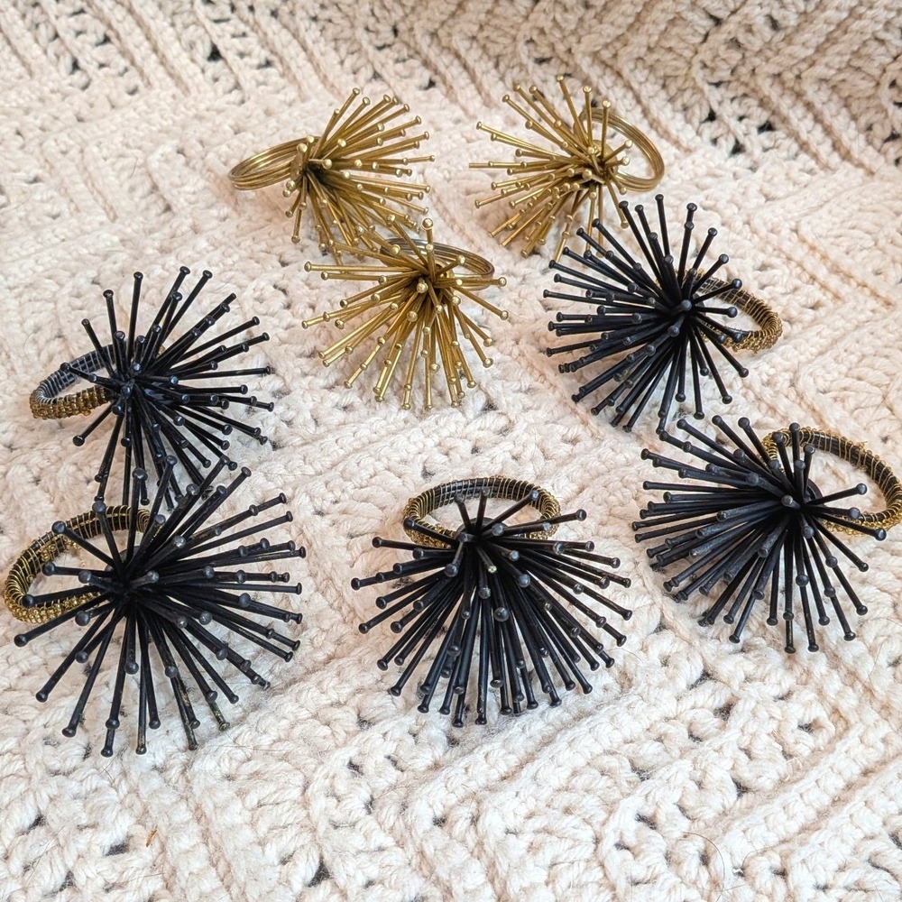 Set of 8 Starburst Napkin Rings Black and Gold Mid Century Modern Urchin Style